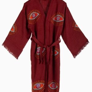 Cotton Robe Turkish - Burgandy-Handmade Evil Eye Pattern - Soft And Lightweight